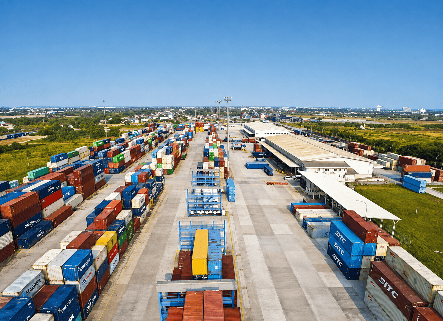 Containers stacked at an inland terminal