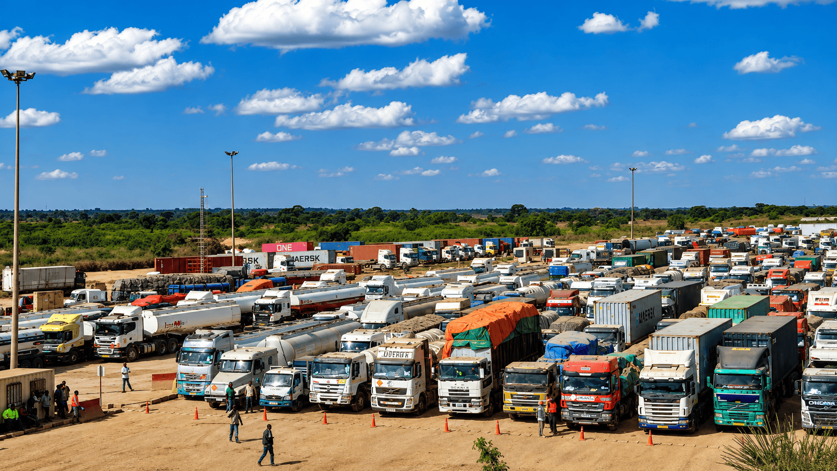 Trucks parked in a queue near a border crossing